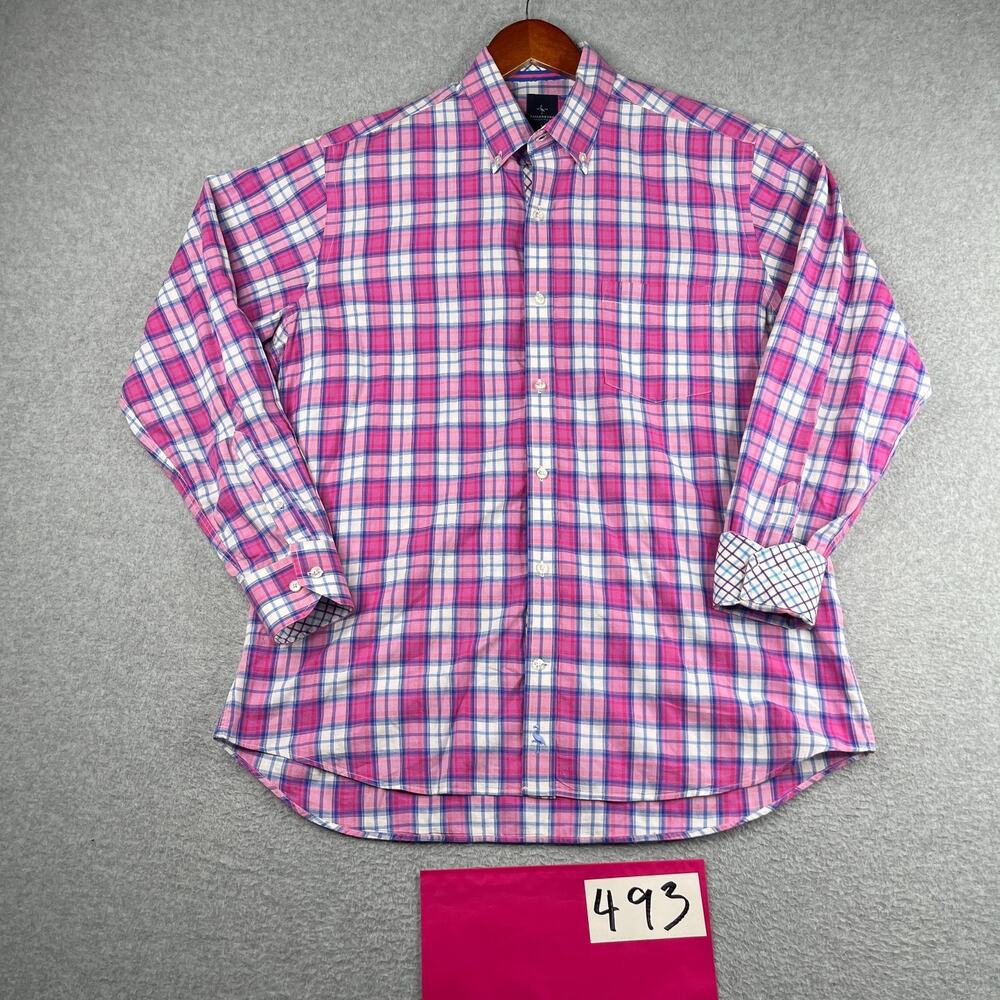 Tailorbyrd Shirt Large Pink Blue Plaid Casual Pocket Button Up Long Sleeve Mens